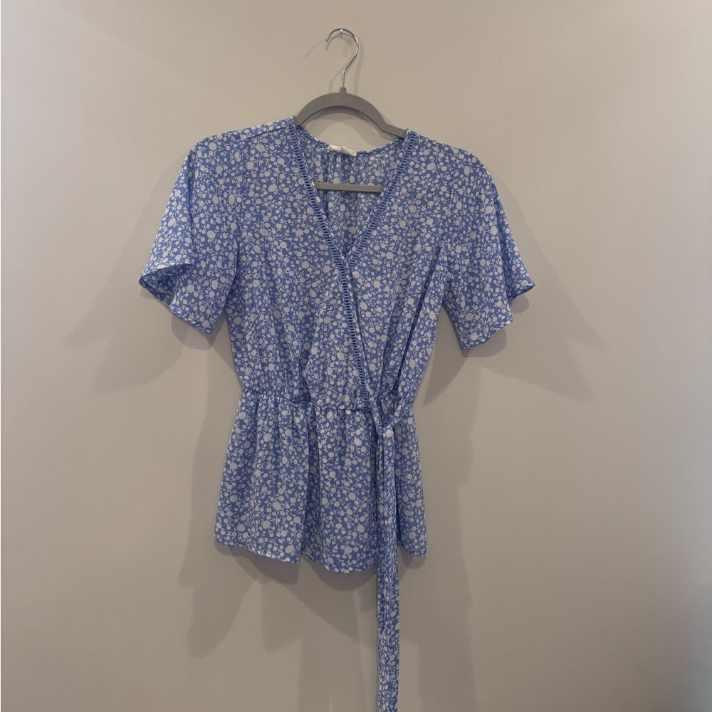 Blue and White Floral Wrap Tie Blouse
